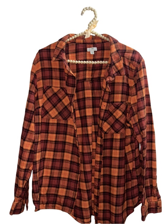 dip Tops - dip Organic Cotton Orange and Burgundy Oversized Plaid Shirt